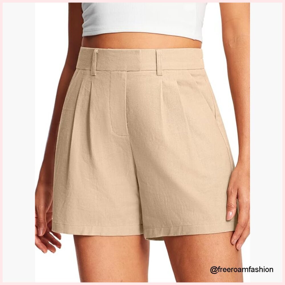 Linen-Blend Pleated Shorts with Pockets, Elastic Waist, Relaxed Fit